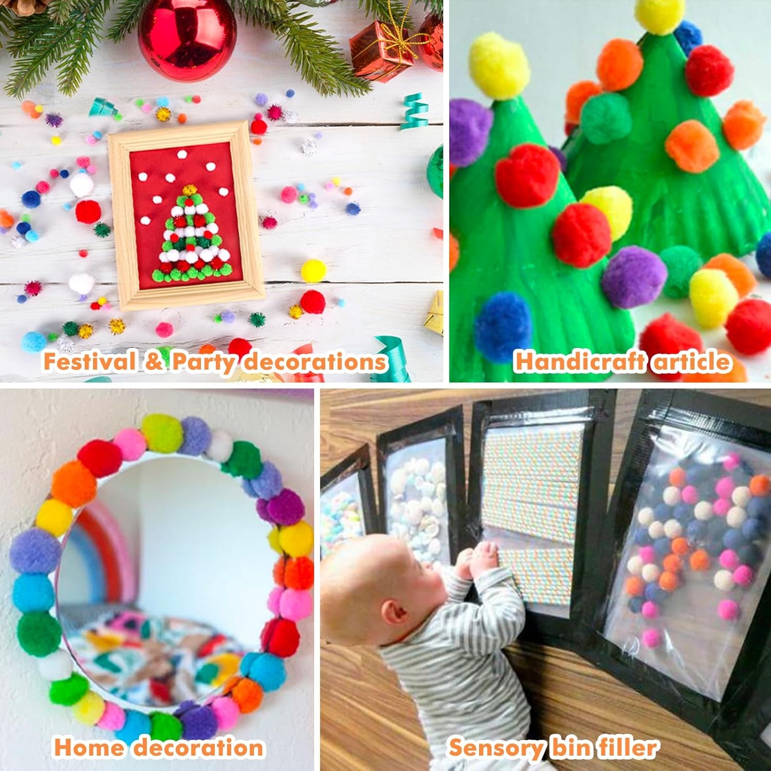 1000Pcs Multicolor Pom Pom Balls, Assorted Sizes & Colors Pompoms for Arts and Craft Making Decorations
