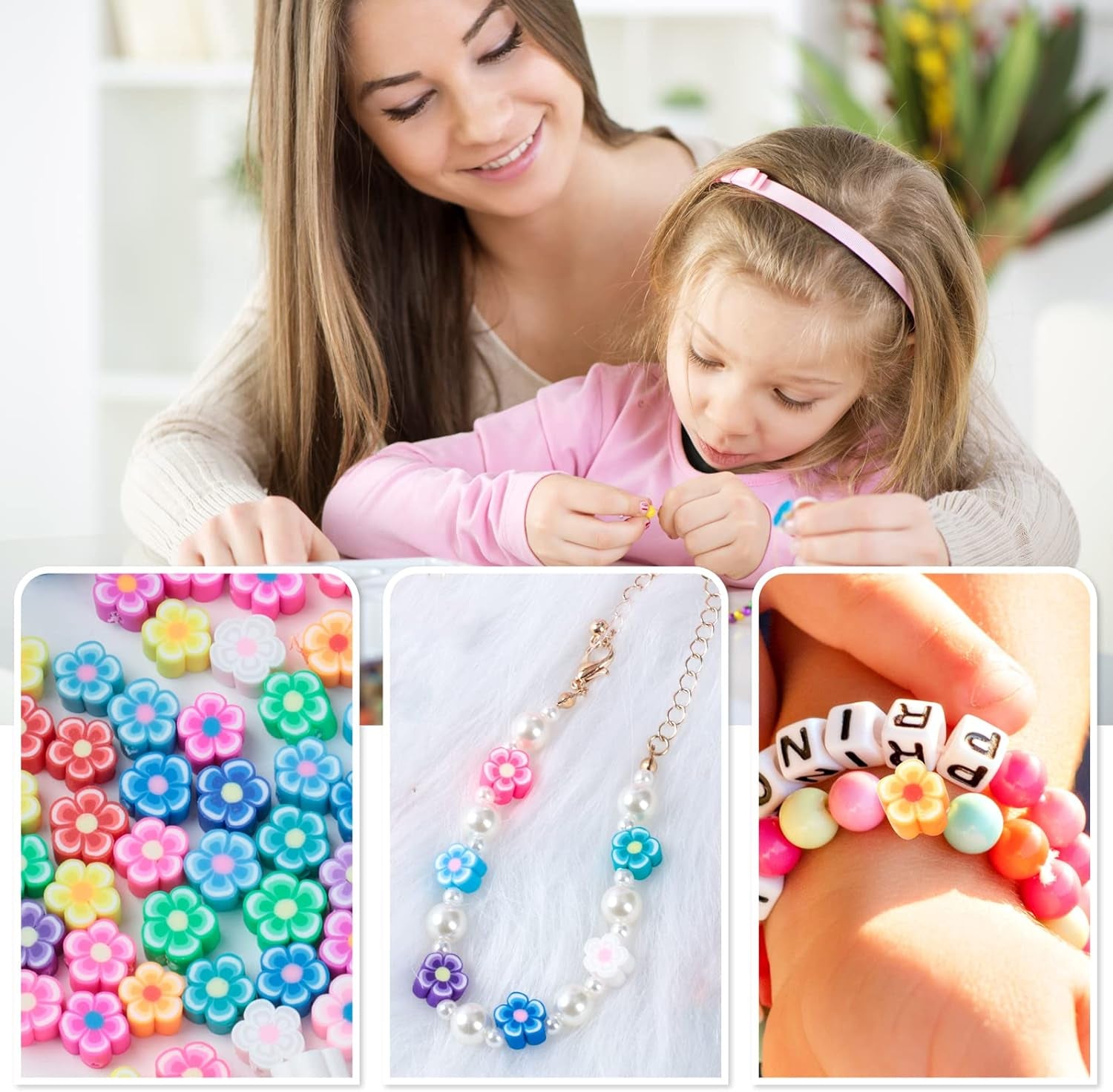 100 Pcs Flower Beads Colored Polymer Clay Beads for DIY Jewelry Bracelet Earring Necklace Craft Making Supplies