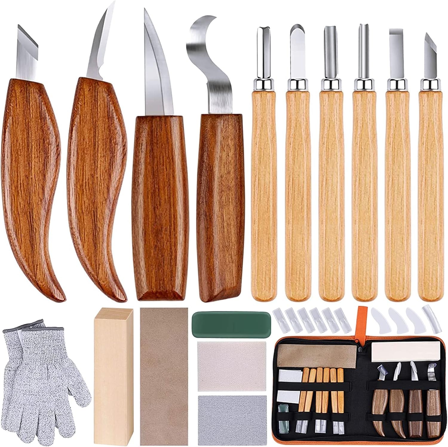 26-In-1 Wood Carving Kit with Detail Wood Carving Knife, Whittling Knife, Wood Chisel Knife, Gloves, Carving Knife Sharpener for Spoon, Bowl, Kuksa Cup (26PCS)