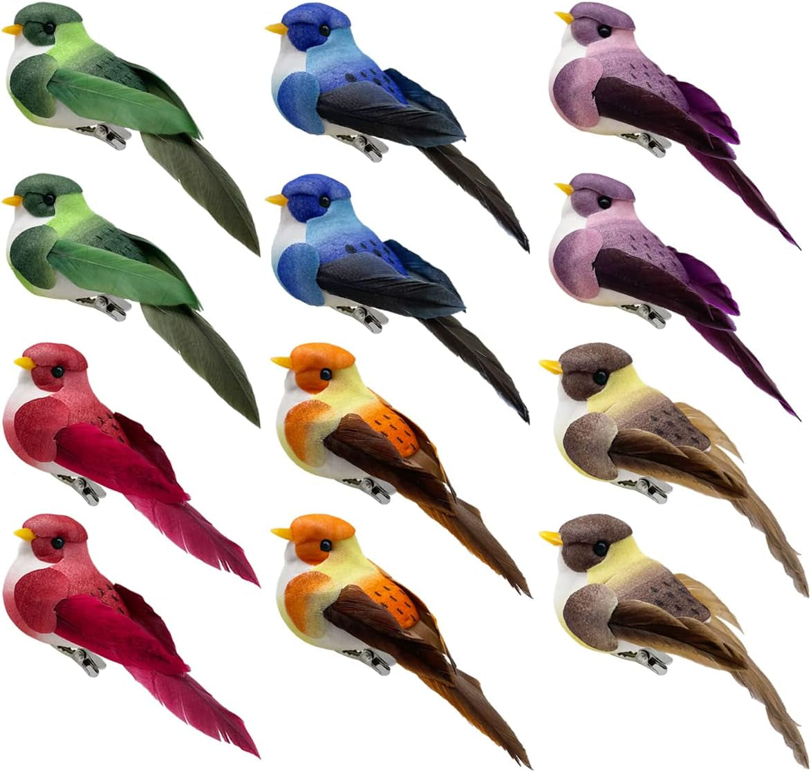 12Pcs Artificial Decorative Birds 3.5-Inch Realistic Feather Sparrow Clip on Bird Ornaments for Crafts Christmas Tree Decoration Home Decor Flower Arrangements