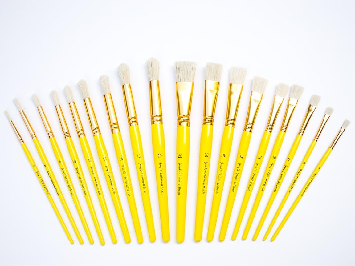 18 Pcs Pure Natural Hog Bristle Brush Set for Oil, Acrylic, Tempera. Short Wood Handles JQ181