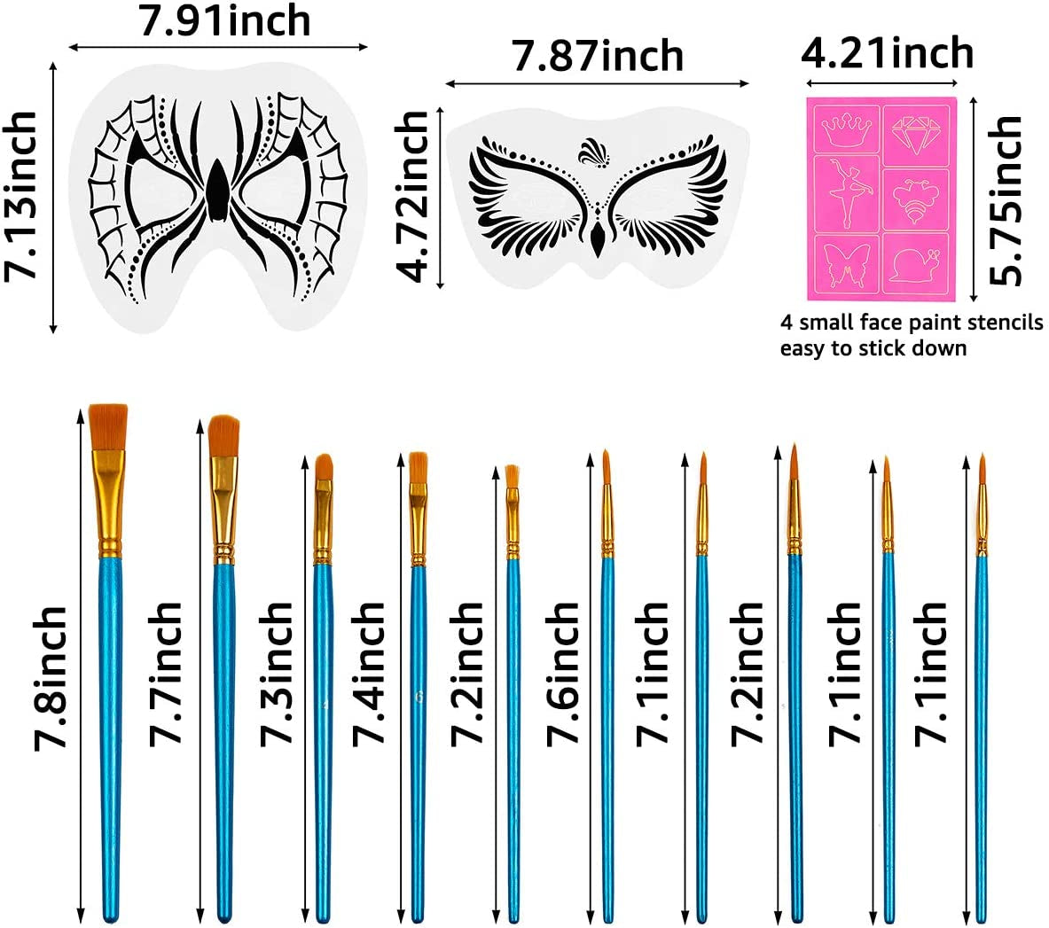31 Pieces Face Stencils Kit, 17 Reusable Large Face Paint Stencils, 4 Small Stick Paint Stencils and 10 Pieces Painting Brushes for Kids Face Painting, Tattoo Stencils, Holiday Halloween Makeup