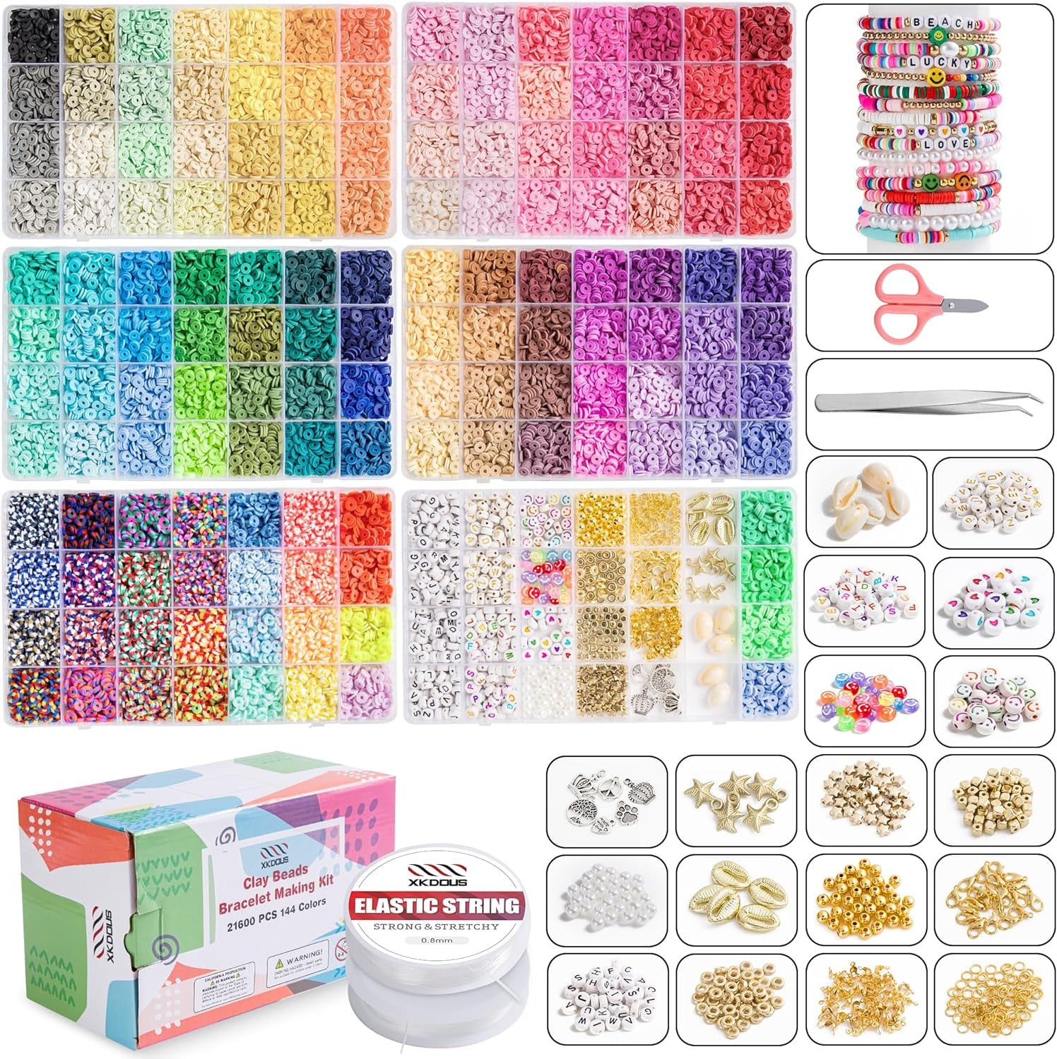 21600 Pcs Clay Beads Bracelet Making Kit, 144 Colors 6 Boxes Polymer Heishi Clay Beads for Jewelry Making, Flat round Beads with Letter Beads Charms Elastic String Gifts for Kids Ages 6+