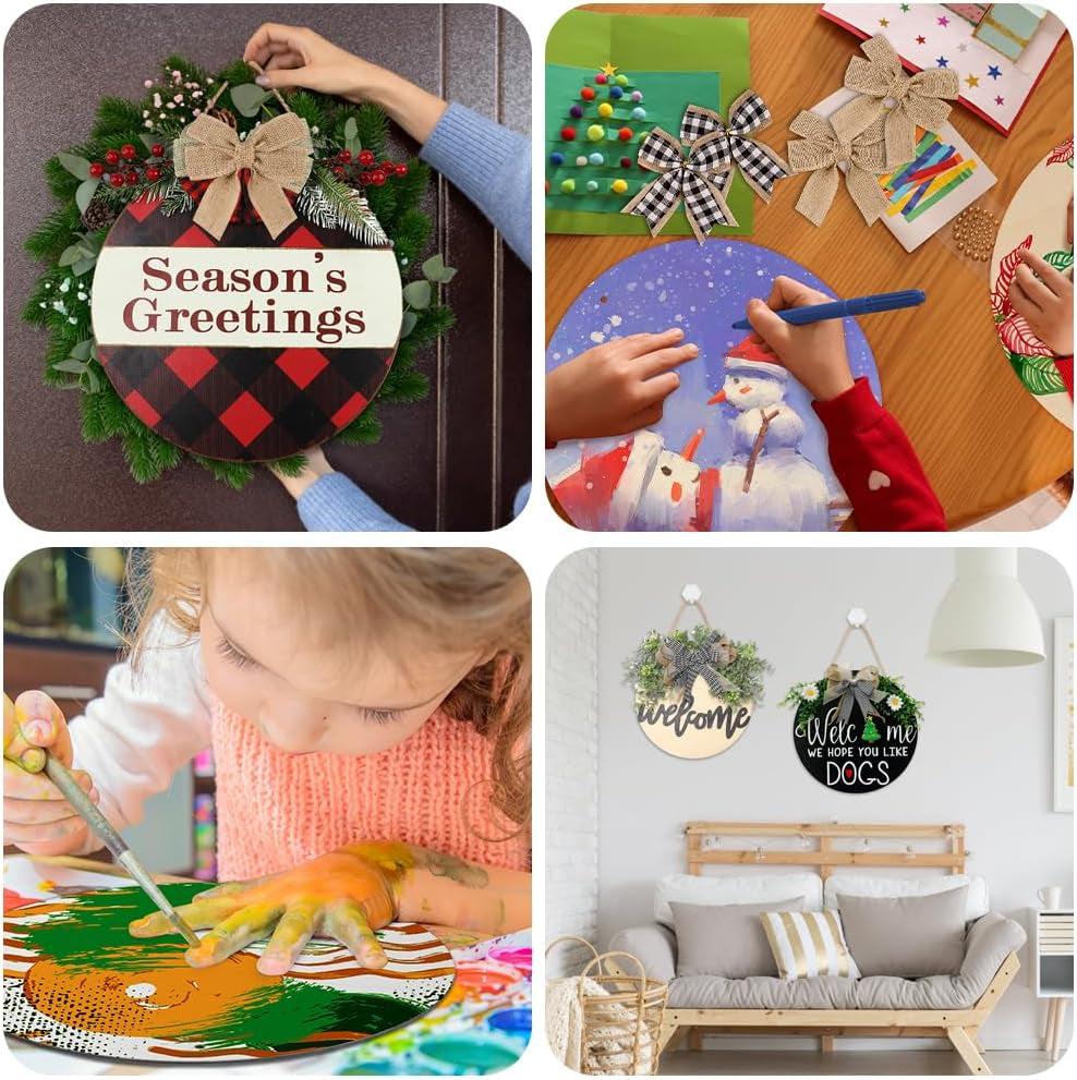 6 Pack Wood Circles for Crafts 14 Inch Unfinished Wood Slices Blank Wooden Door Hanger Sign round Wood Discs with Bows Twine Glue Point for DIY Crafts Painting Christmas Home Holiday Decor