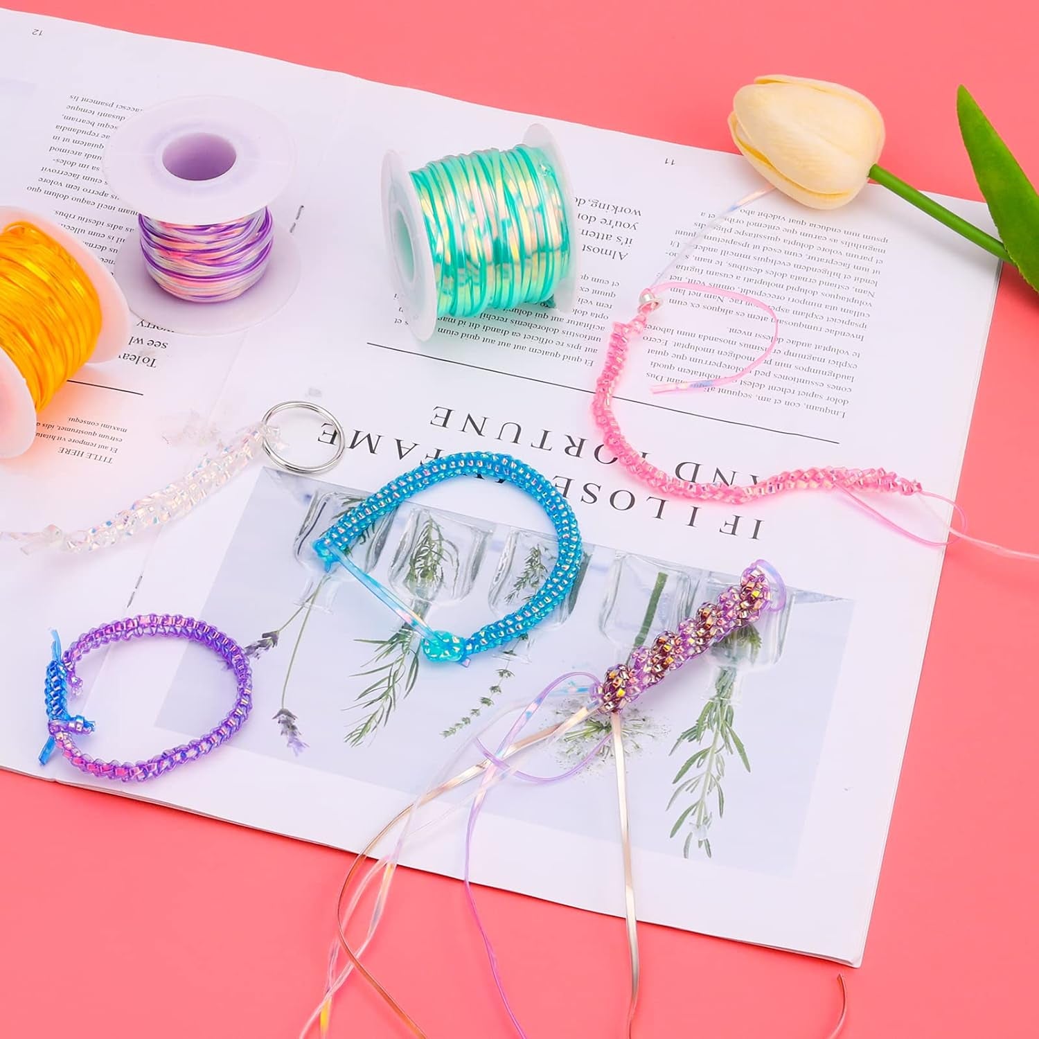 Laser Reflective Lanyard String, 12 Rolls Plastic Lacing Cord with 20 Key Chain Rings, 20 Snap Clips and 10 Lobster Clips, Gimp String Kit for DIY Bracelets, Key Chain and Lanyards