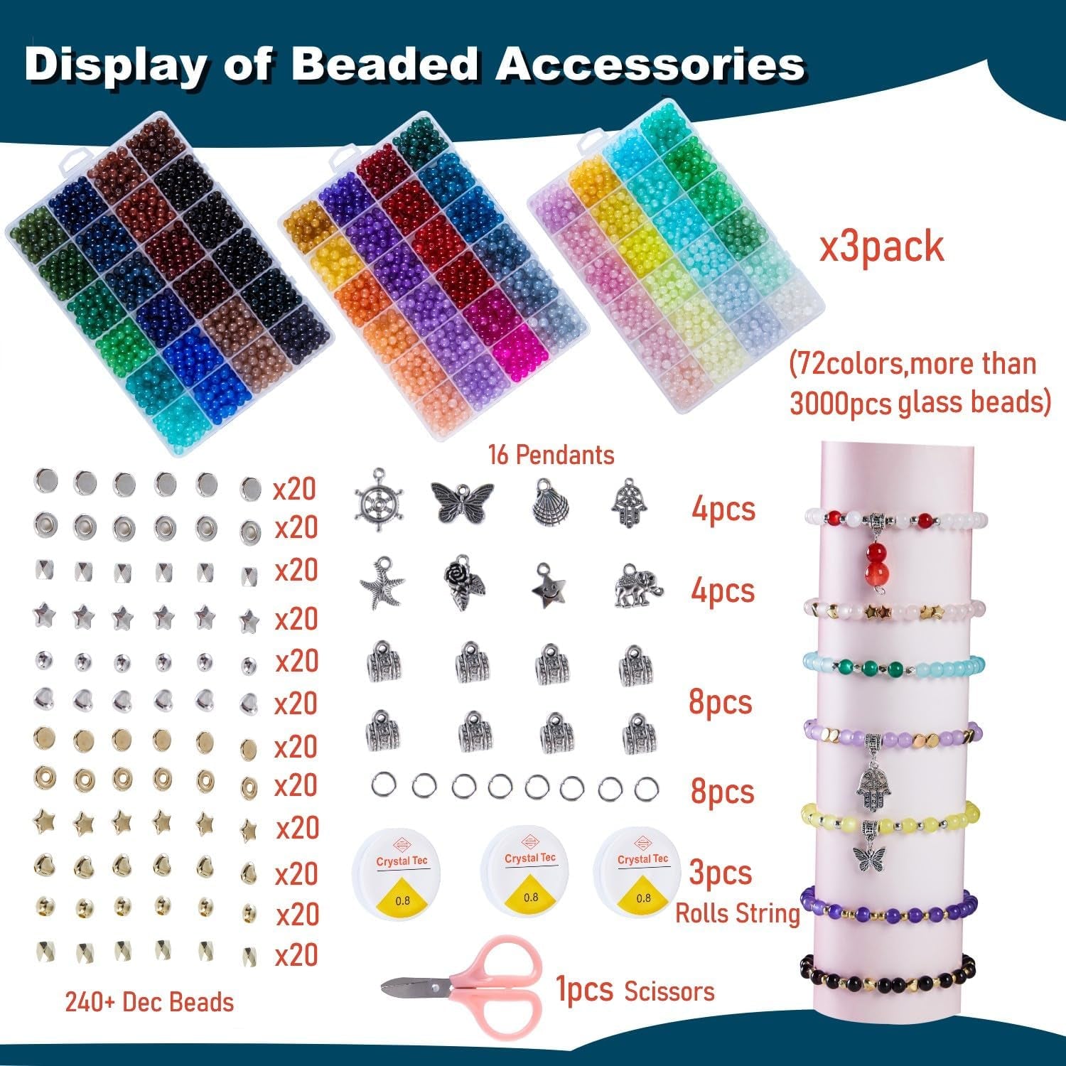 72 Colors 6Mm Glass Beads for Jewelry Making,3000Pcs+ round Crystal Glass Beads Bracelet Making Kit with Accessories, Bead Starter Kit Crafts Gifts Set Suitable for Teen Adults