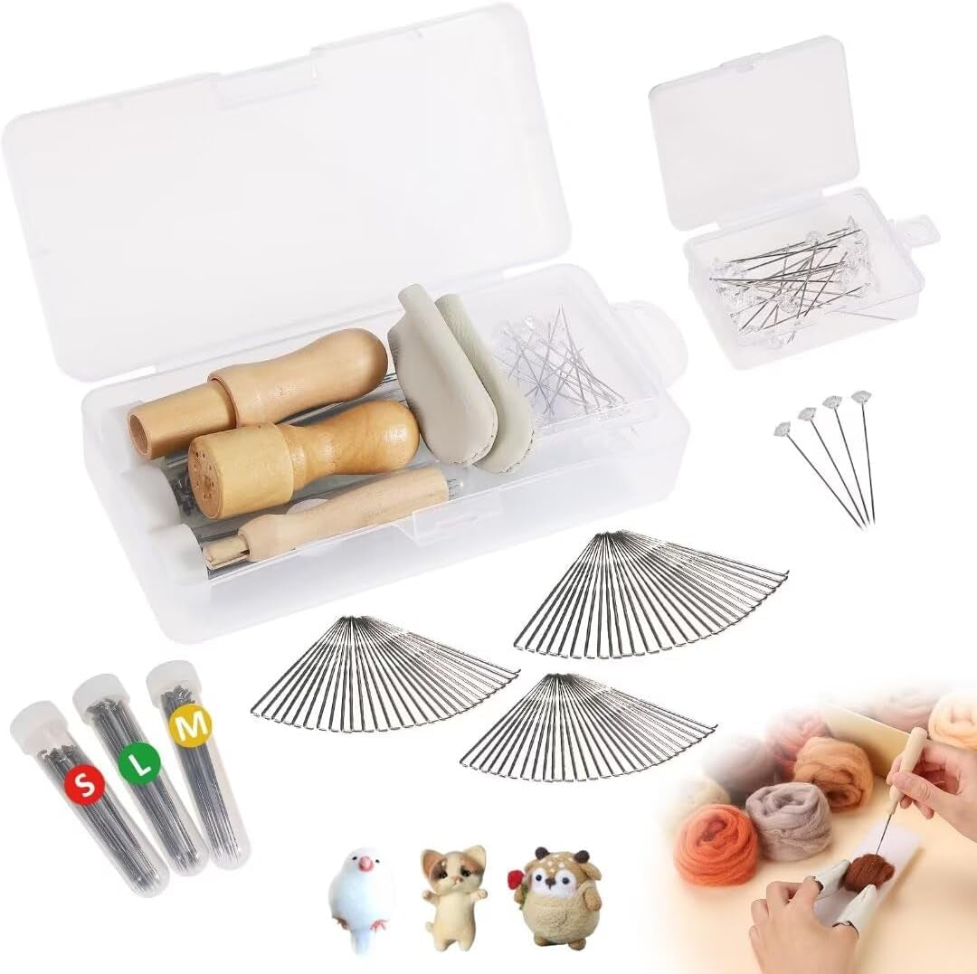 Needle Felting Tools - 134Pcs Felting Kits for Beginners Adults, 3 Sizes 102 Pcs Wool Felting Needles & 3 Wooden Handle for Making Felt Animals Doll Painting Handicraft Gifts