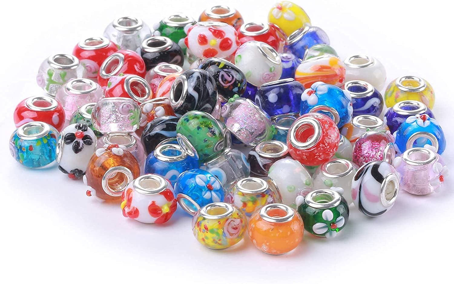 Murano Glass Beads Large Hole Glass Beads European Lampwork Spacer Charms Beads Silver Plated Cores Bracelet Charms for DIY Crafts Jewelry Making 50 Pcs Mixed