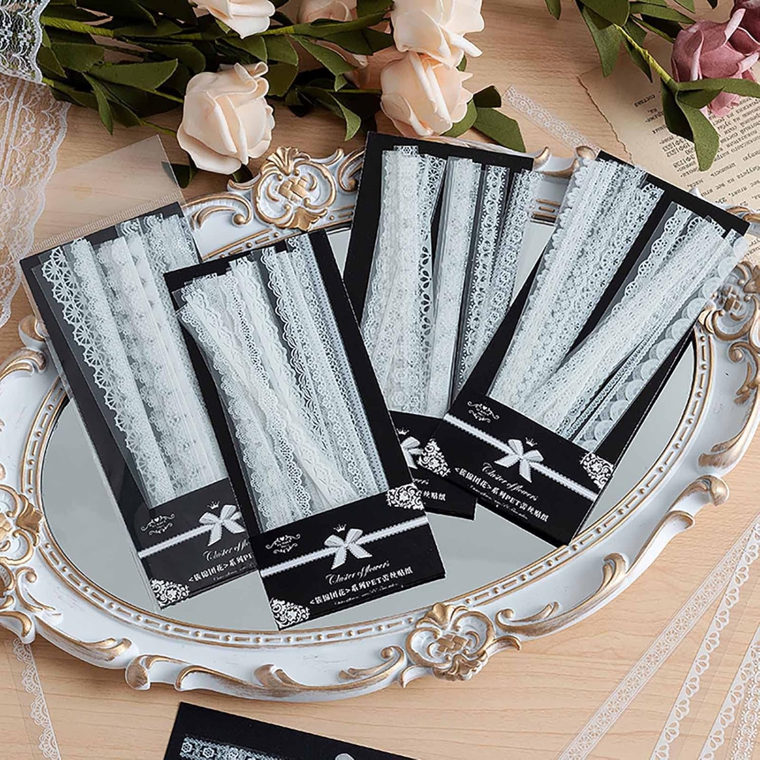 Lace Stickers Set -  120PCS Vintage PET White Lace Stickers for Decoration Planners Scrapbook Laptops Journals Cups Vase Flower Pot Crafts Photo Frame