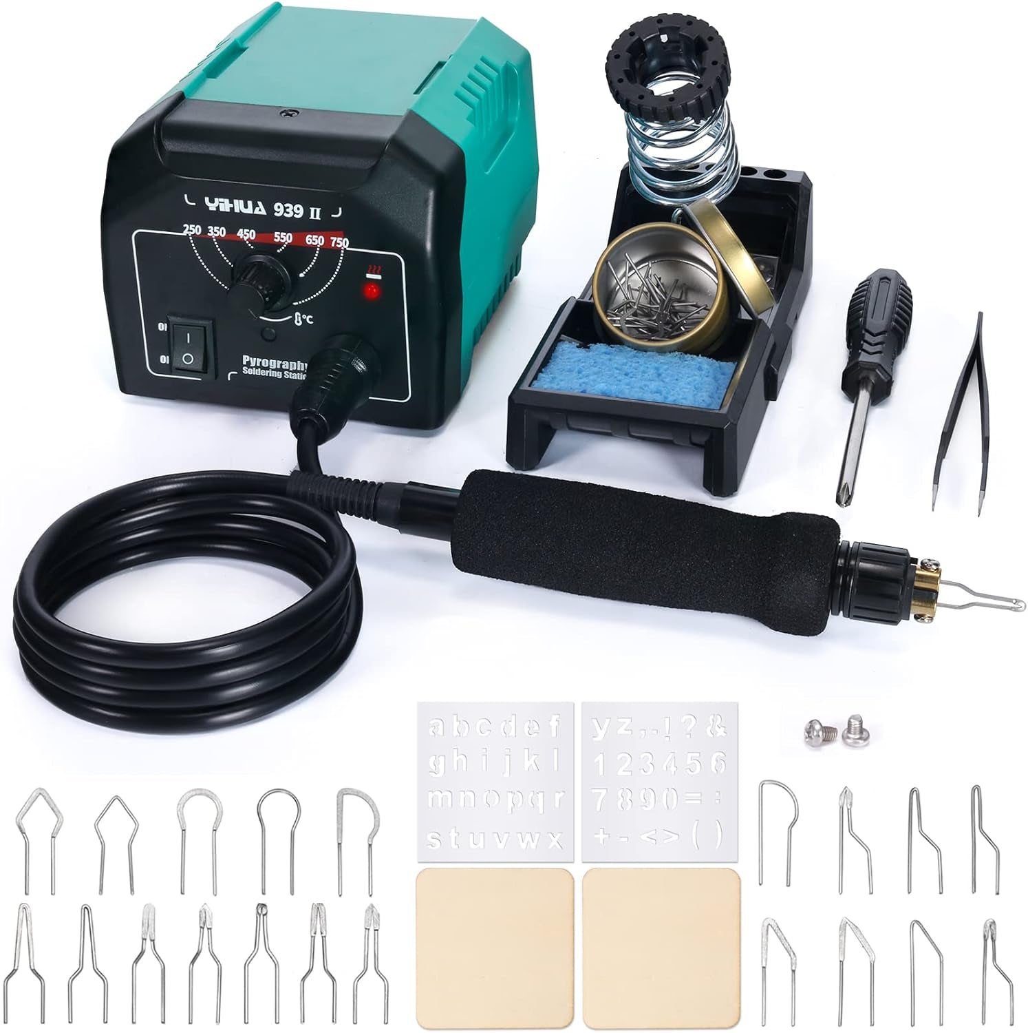 939-II Wood Burning Kit Station Pyrography Pen 250~750℃/482~1382℉ Temperature Adjustable with 20 Wire Nibs, 1 Stable Pen Holder, 2 Stencils, 2 Scrap Wood, 1 S/S Tweezers, and 1 Pliers (Blue)