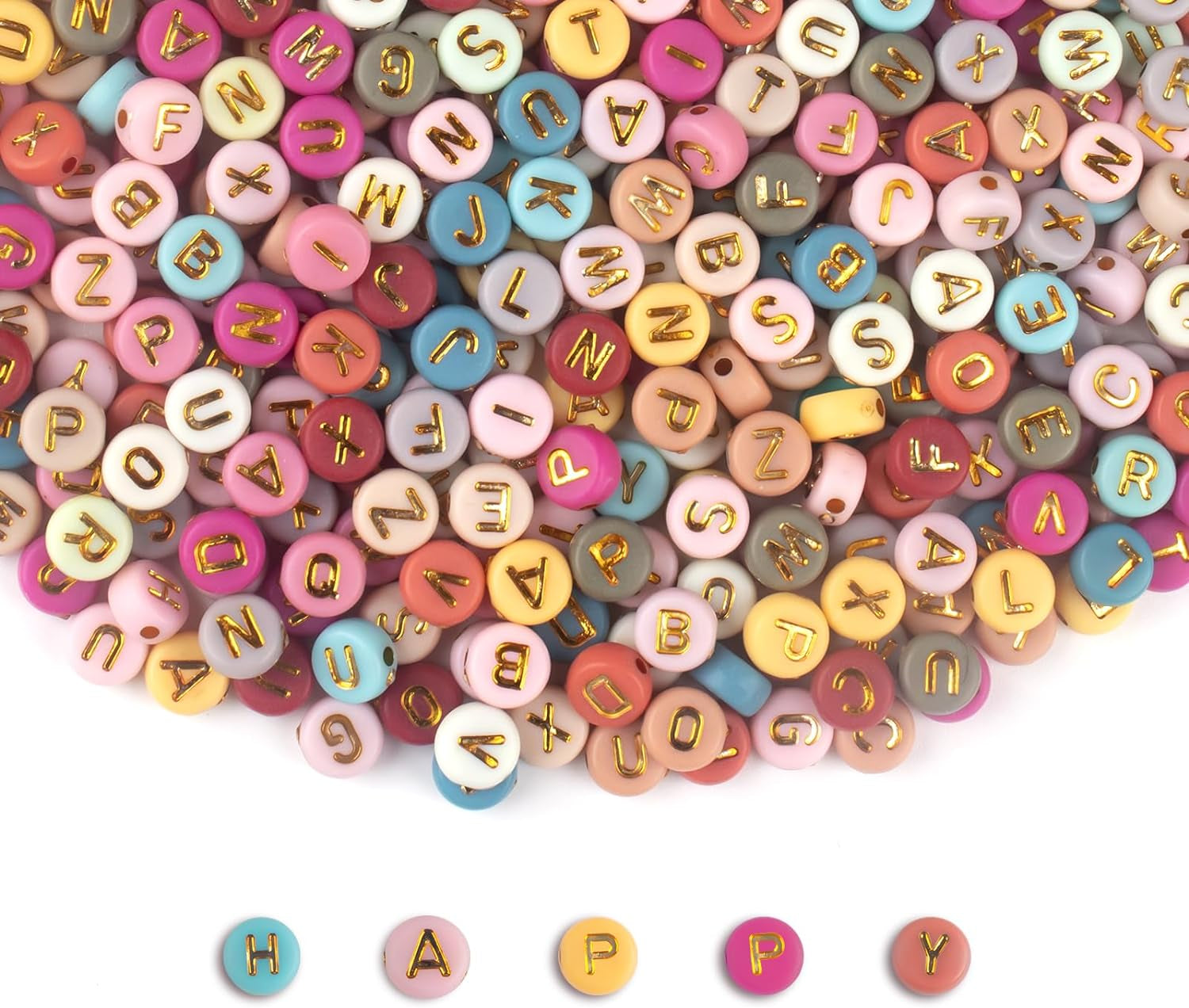 1000PCS Colourful Letter Beads for Threading, 4 X 7 MM, A-Z White Letter Beads and Colourful Heart Beads, Acrylic round Beads for Jewellery DIY Making Crafts Bracelets Necklaces Ornaments-Gold