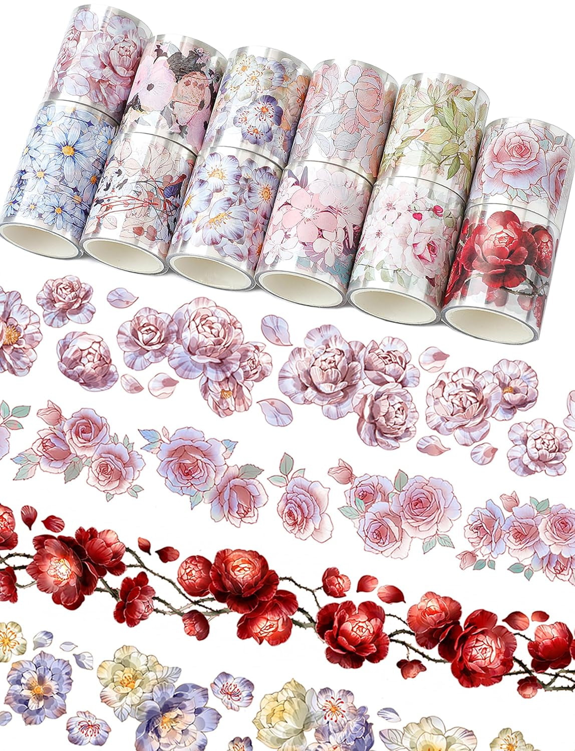 Floral Washi Tape Set - 12 PET &amp; Washi Tapes for Journaling Stickers, Scrapbooking Supplies, Planner, Bullet Journals,Arts &amp; Crafts. Use as Stickers