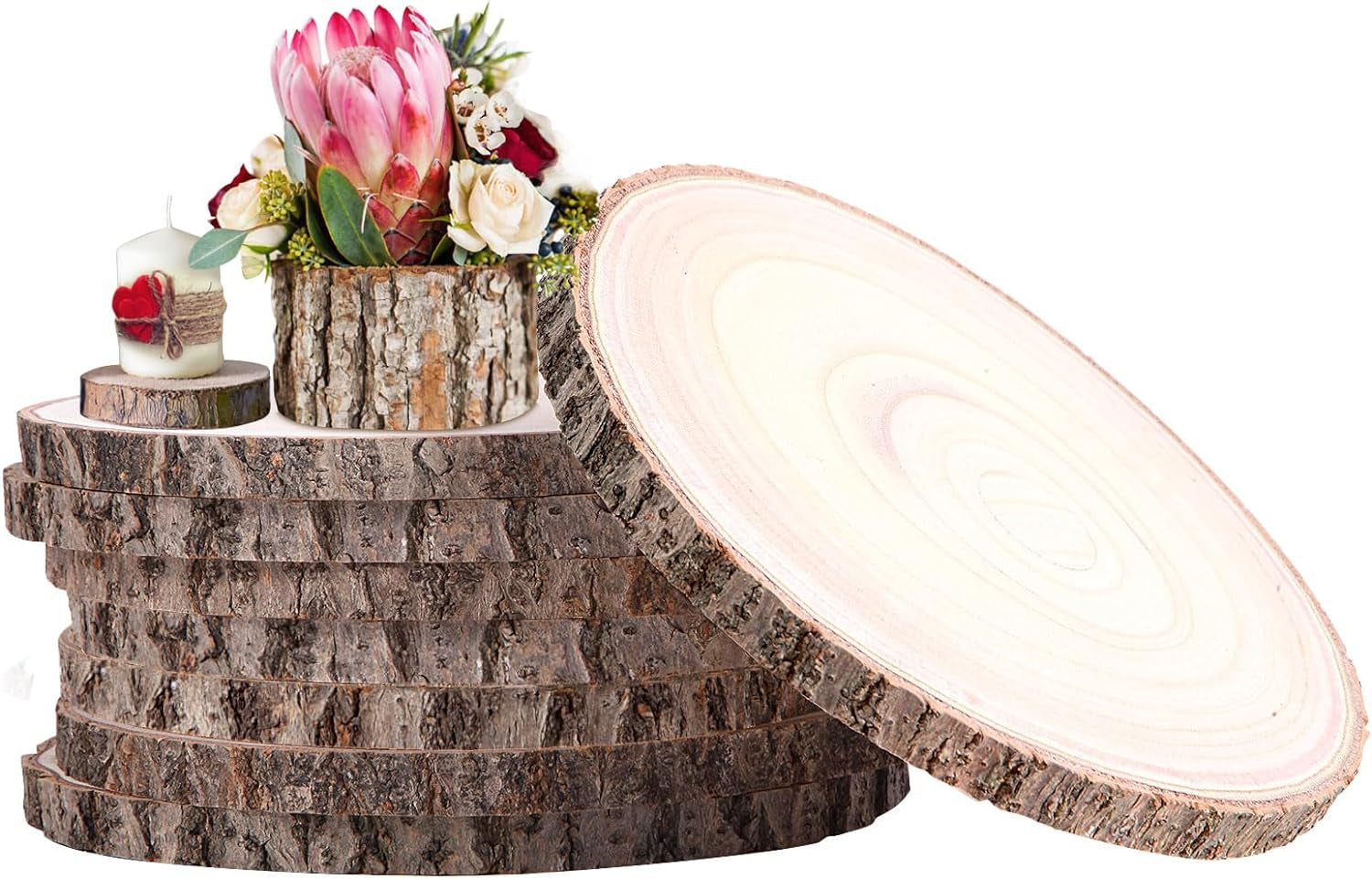 8 Pcs Wood Slices 9-10 Inches Natural Wood Rounds,Unfinished Wood Centerpieces for Tables,Round Wooden Discs,Wood Slices for Centerpieces/Crafts,Baby Shower,Weddingtable Decor, Enchanted Forest Decor