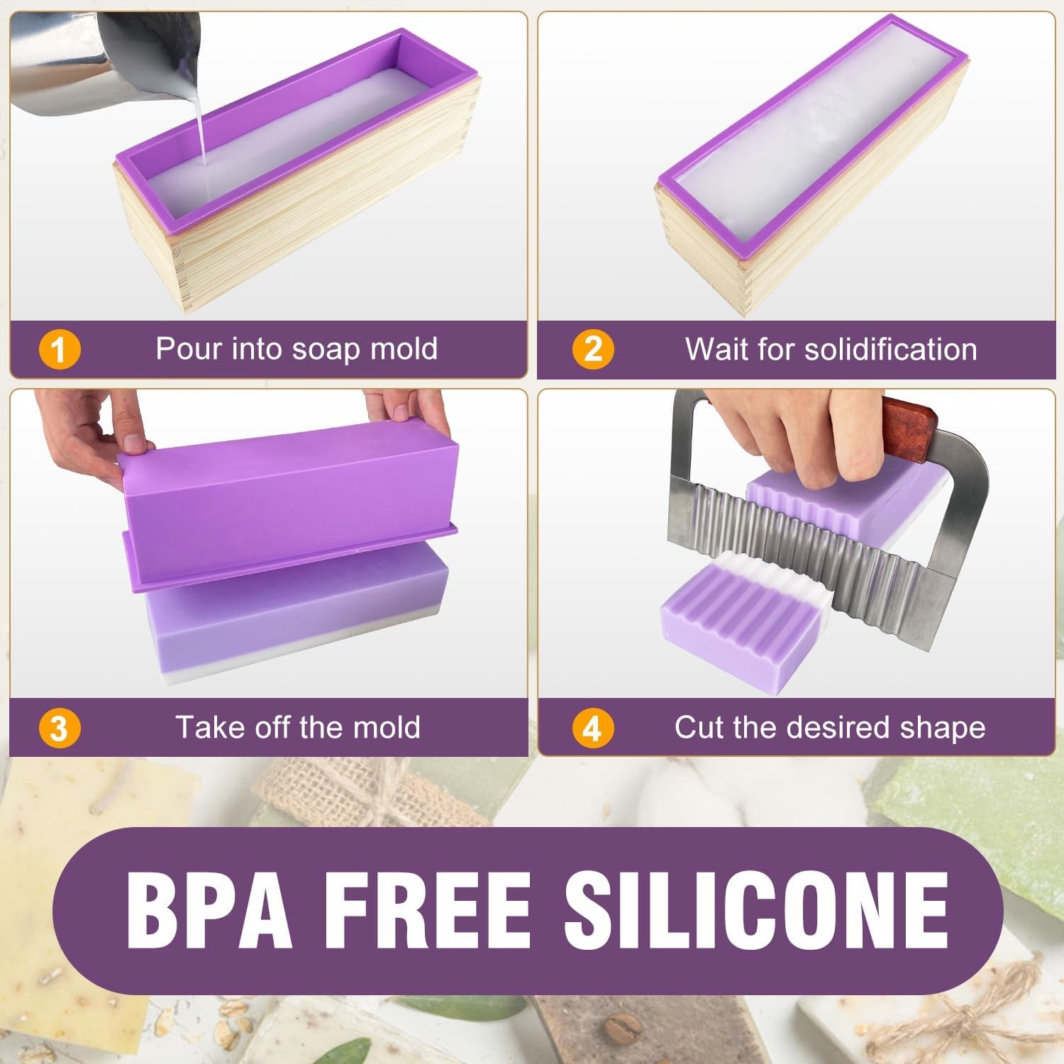 Silicone Soap Mold -  2Pcs Flexible Soap Molds for Soap Making Comes with Wood Box, Stainless Steel Wavy + Straight Scraper Cutters Rectangular Loaf Soap Mold