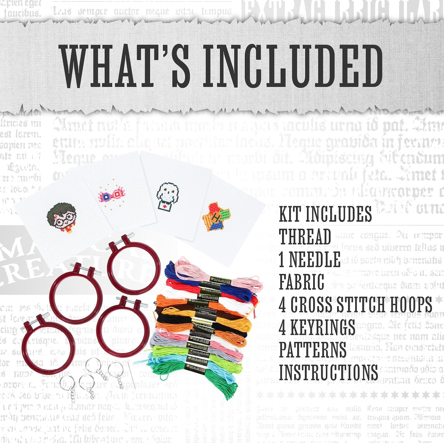 Harry Potter Stamped Cross Stitch 4 Pack, Embroidery Starter Kit for Beginners, Four Patterns, Fun & Easy Backpack Charms Craft Activity for Fans