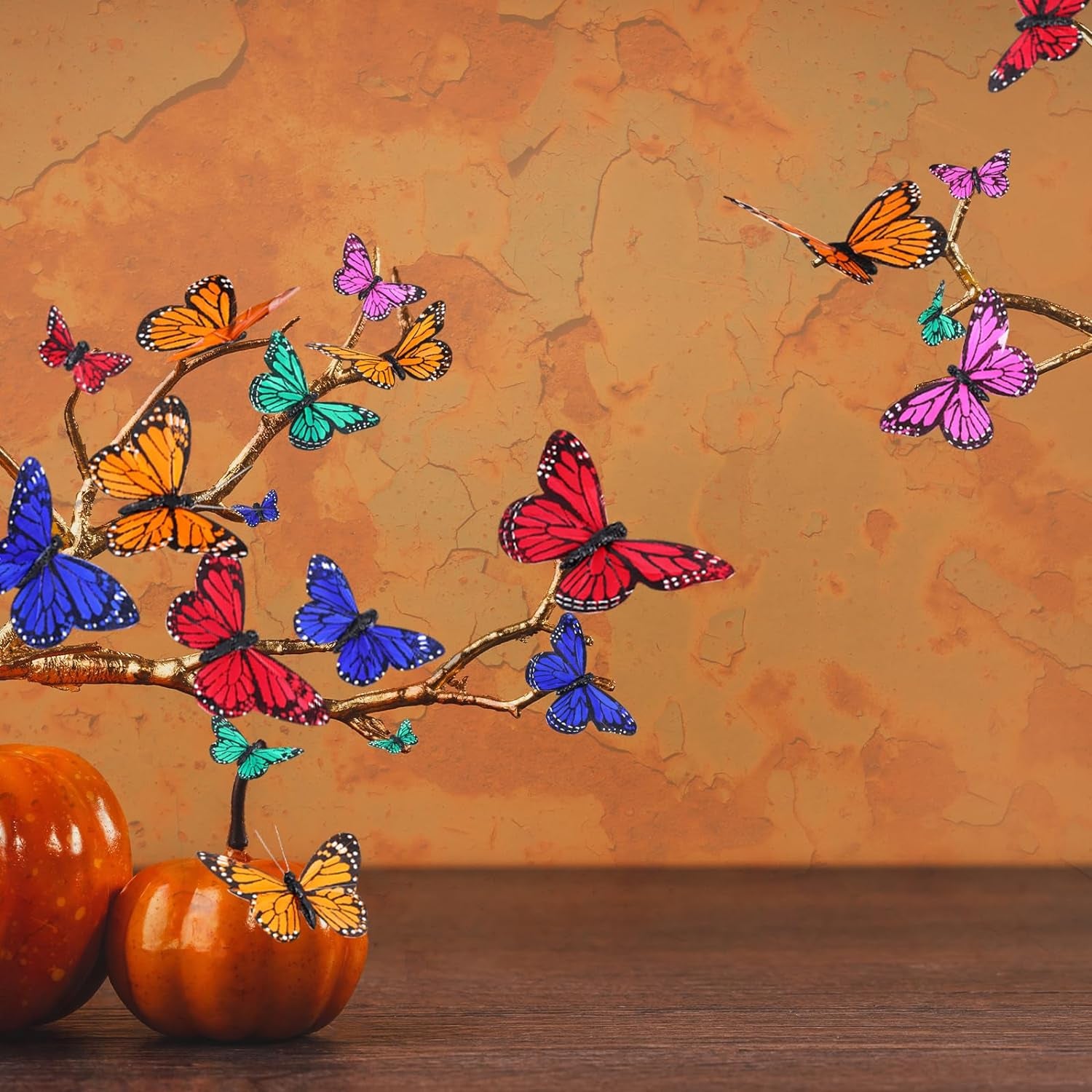 72 Pcs Monarch Butterfly Decorations Butterflies for Crafts 4 Size Artificial Feather Butterfly Decor on Picks Butterflies for Halloween Crafts Fake Butterflies with Wire Wall Decor (Cute Color)