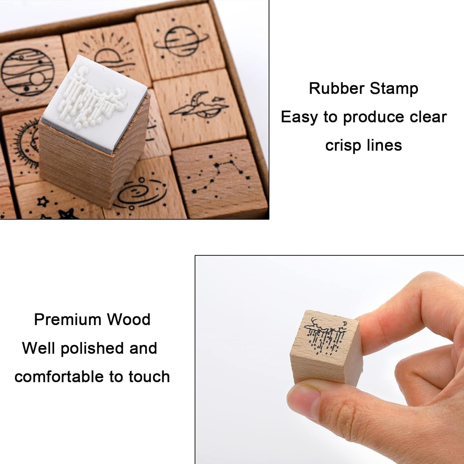 32 Pieces Wooden Rubber Stamp Set, Moon Star Botanical Decorative Wood Stamps for Journal, Diary, Scrapbook, Planner, Letter, DIY Craft, Card Making