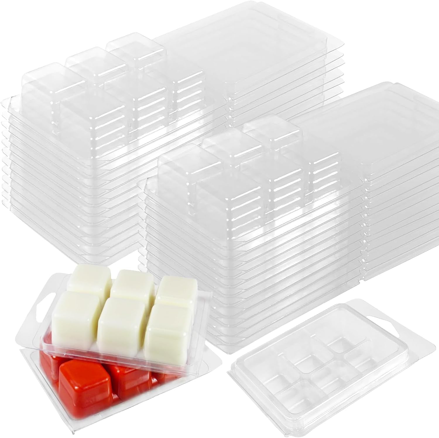 50 Packs Wax Melt Clamshells Molds,Wax Melt Containers,6 Cavity Clear Plastic Cube Tray for Wickless Wax Melt Candles