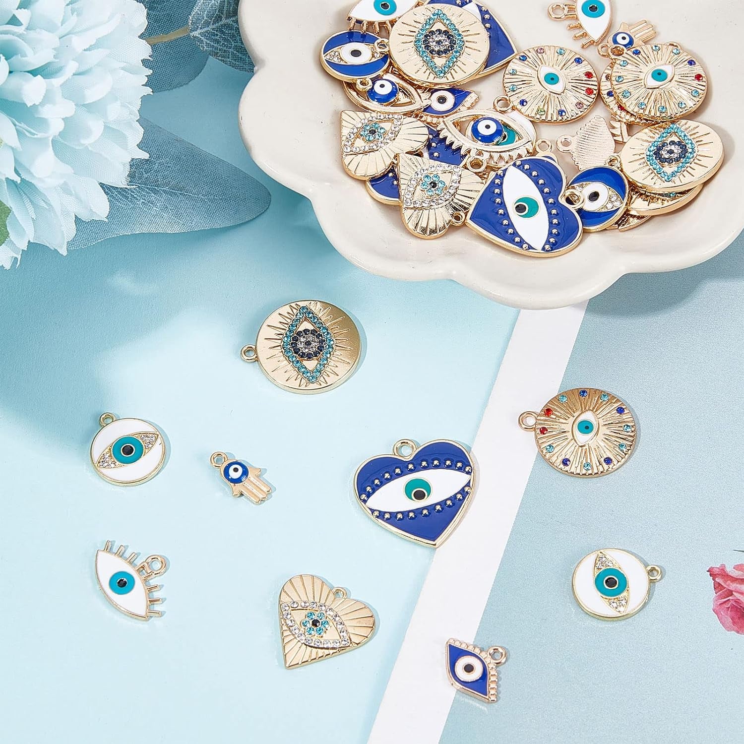 1 Box 40Pcs Evil Eye Charms Evil Eyes Charm Valentine'S Day Heart Charm Flat round Rhinestone Hamsa Hand Lucky Charms Love Charms for Jewelry Making Charm Earrings Necklace DIY Supplies