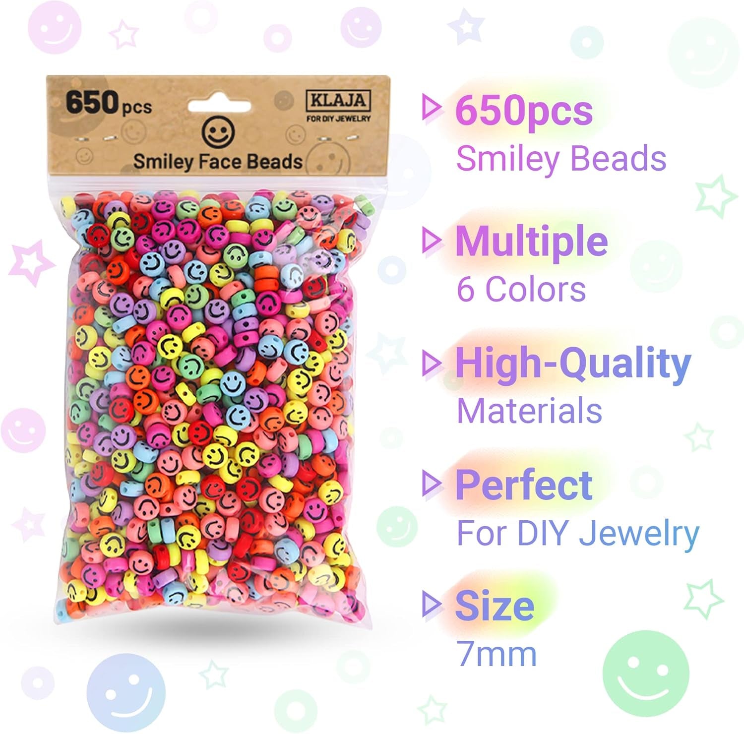 650 Pcs of Smiley Face Beads, 7X4 Mm, Big Pack | Mixed Colorful Beads, Happy Face Beads for DIY Jewelry Bracelet Earring Necklace Craft Making Supplies
