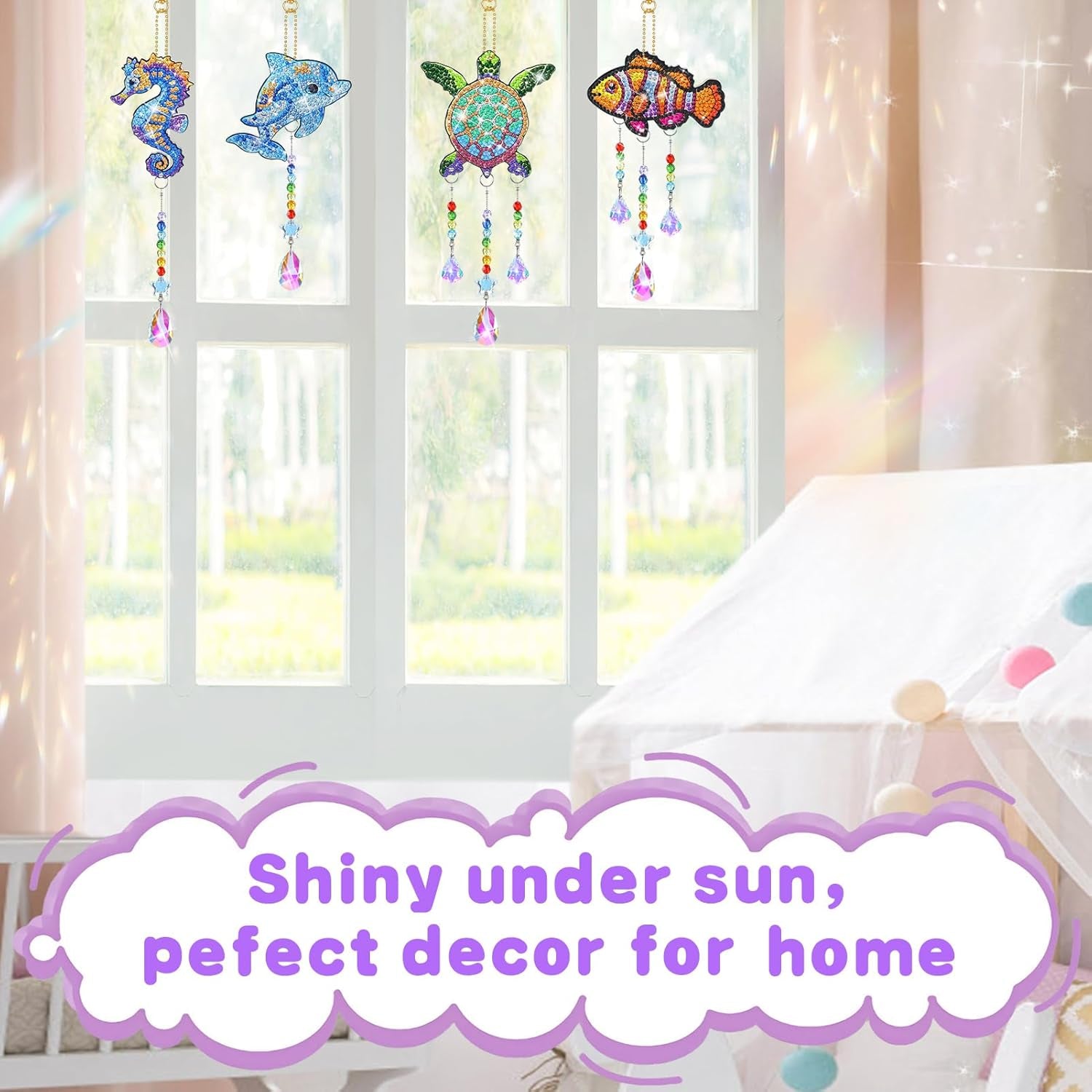 Diamond Art Suncatchers Kit for Kids Gifts - 4 Pcs Double Sided Wind Chime, Crystal Rhinestone Dotz Painting, Sea Animal Style Hanging Ornament for Home Window Beginners Craft DIY Supplies