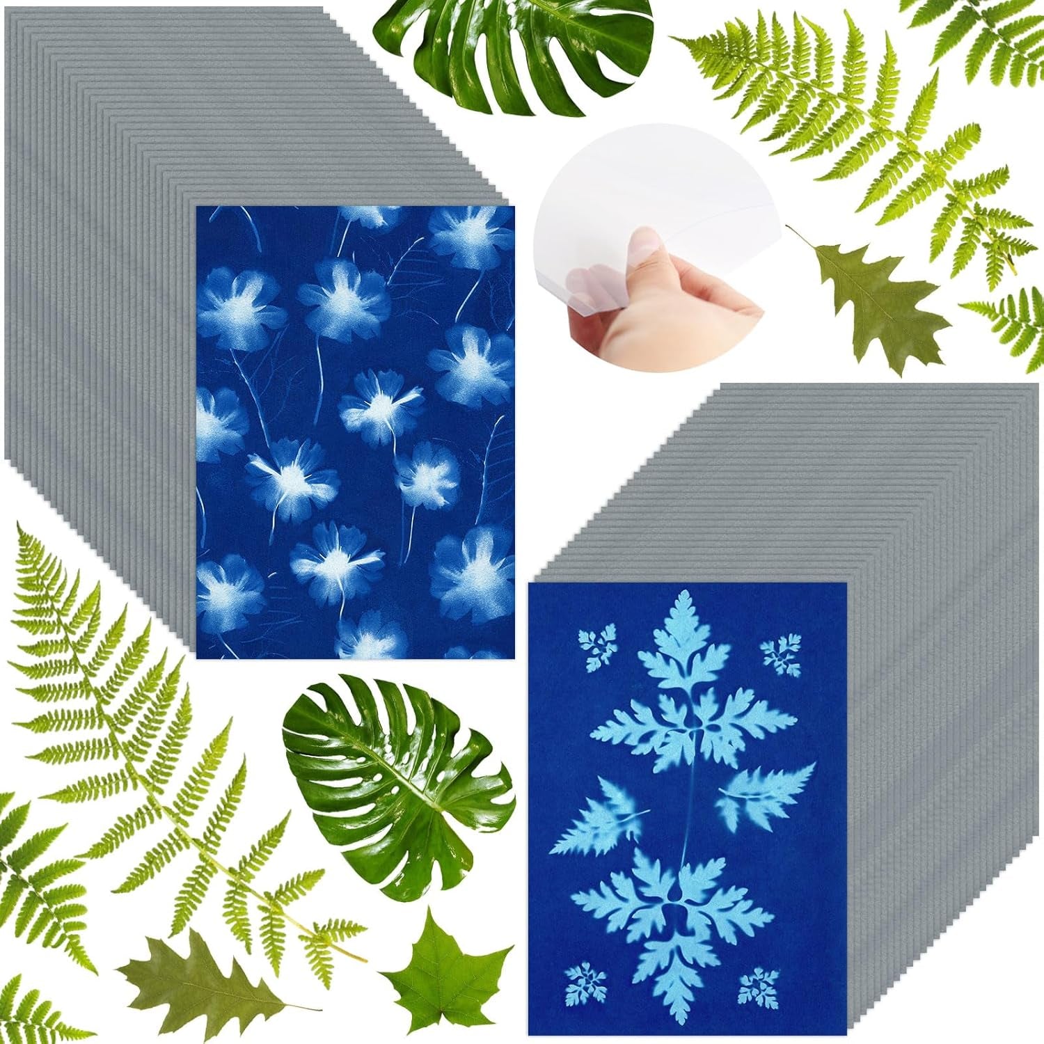 60 Sheets Sun Print Paper Cyanotype Paper Kit, A5 Sun Art Paper with 1 Plastic Tool for Sun Printing, Light Sensitive Solar Photography Paper for Kids DIY Crafts (5.8X 8.3 Inch)