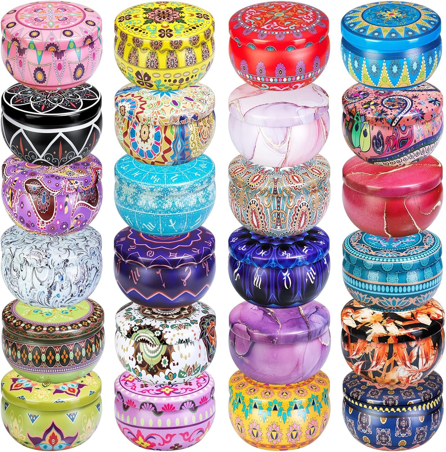 Candle Tins with Lid, 2.5Oz 24 Designs Tinplate Cans with Wicks, Wick Holders, Wick Stickers for Candle Making, DIY Arts and Crafts, Small Item Storage