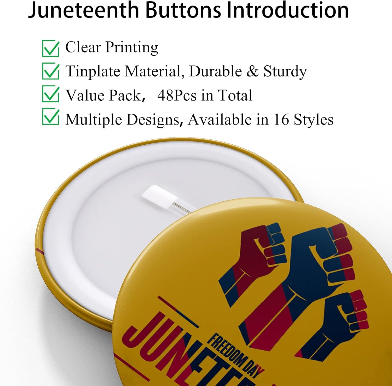 48Pcs Juneteenth Buttons, 4.4Cm (1.73 Inch), Happy Juneteenth Badges Pins Bulk, Freedom Day June 19Th 1865 Party Favors Supplies Bag Stuffers Fillers, Black African American Juneteenth Gifts