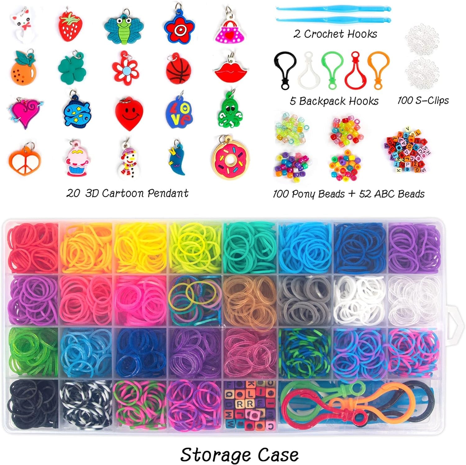 2600+ Loom Bands Set: Colorful Rubber Bands in 28 Colors with Container, 100 Clips, 152 Beads, 20 Pendant, 5 Backpack Hooks, 1 Instruction, Bracelet Making Refill Kit for Kids…