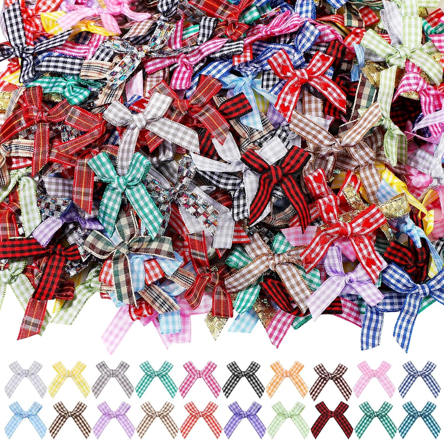 300 Pcs Mini Ribbon Craft Bows, Small Multicolor DIY Craft Tiny Bows for Presents Satin Decoration Bowknot for Gift Wrapping Hair Clip Flower Bouquet Wedding Birthday Sewing Scrapbooking (Plaid)