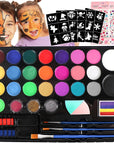 Face Painting Kit for Kids - 24 Water Based Non-Toxic Sensitive Skin Paints 3 Glitters 1 Rainbow Split Cake 2 Hair Chalks Combs 3 Paint Brushes 40 Stencils Face Body Paint for Kids Party
