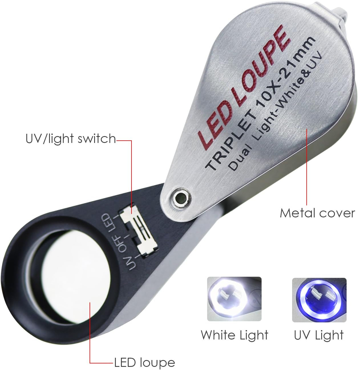 10X Foldable Pocket Magnifier Loupe with UV and LED Light for Jewelry, Rocks, Coins, and Antiques - Illuminated Magnifying Tool for Eye, Stamps, Watches, Hobbies, and Gems