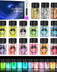 Glow in the Dark Glitter 15 Jar - 12 Colors Glow Glitter and 3 Colors Gold Foil Flakes, High Luminous Glitter for Resin Crafts, Cosmetic, Nail, Glowing Dye for DIY