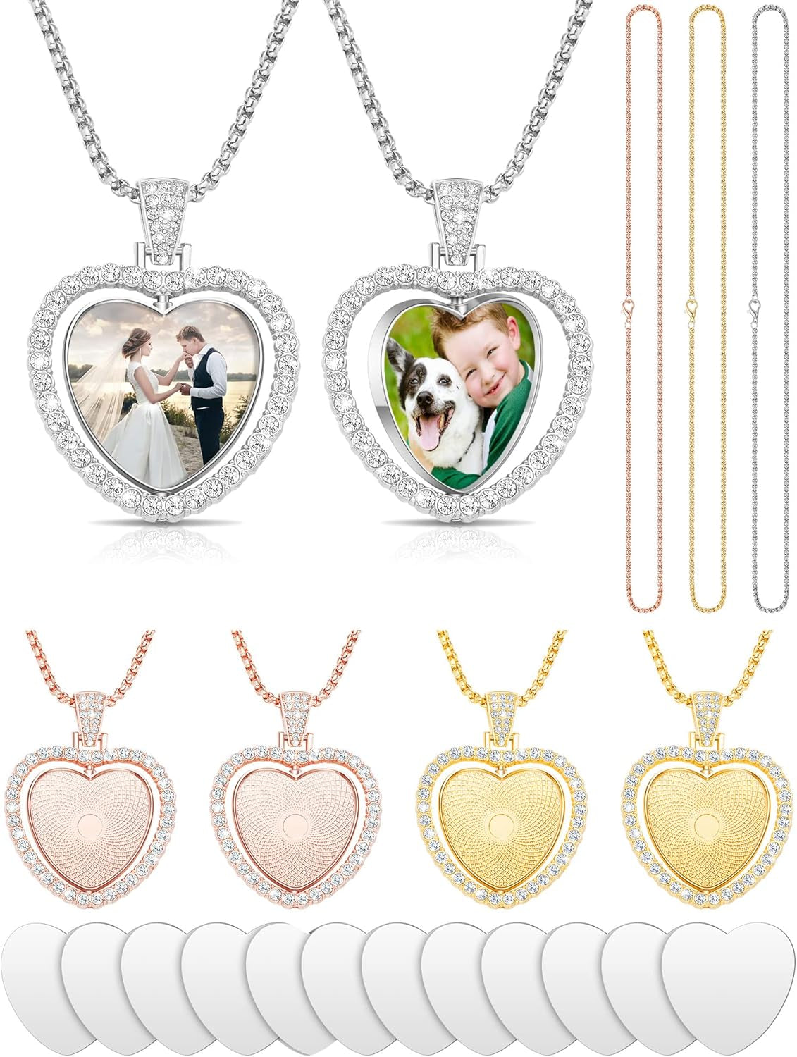 24 Pcs Sublimation Rhinestone Trays Pendant Set, Including 6 Double Sided Blank Rhinestone Bezel Trays, 6 Pcs Thick Chains with 12 Sublimation Discs for Making