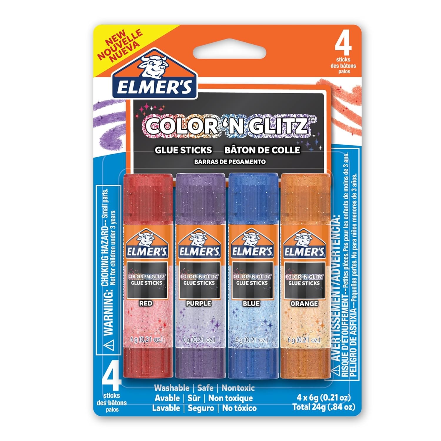 Elmer’S Color 'N Glitz Glue Sticks, Washable, Assorted Colors, 24 Count (6 Packs of 4)