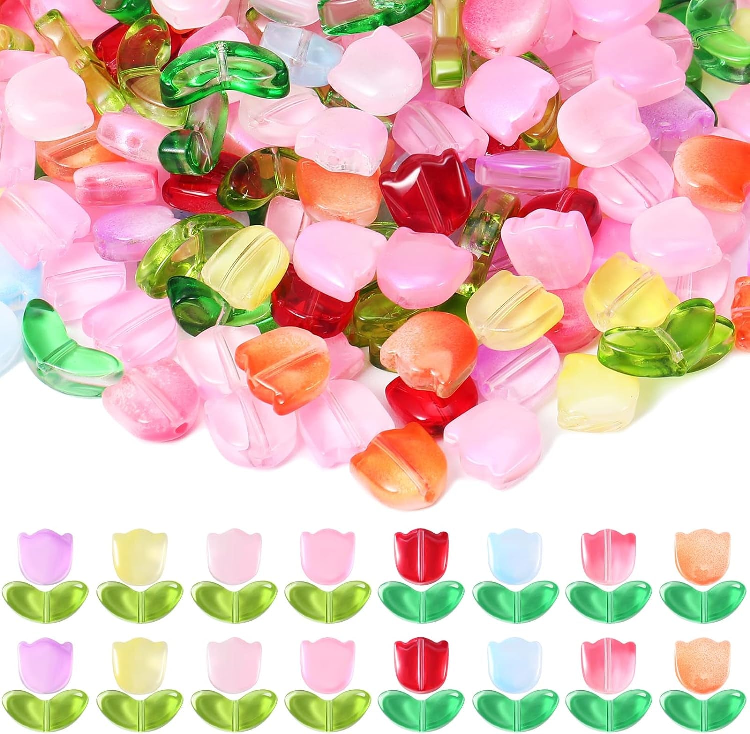 320 Pcs Colorful Translucent Tulip Flower Beads Handcrafted Tulip Glass Spacer Bead Crystal Loose Glass Flower Beads for Jewelry Making Earring Bracelet DIY Craft Spring Summer Gifts