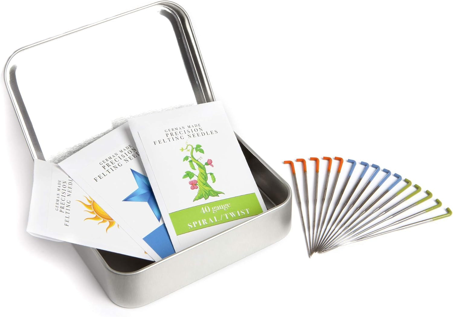 Precision Felting Needles for Wool, Essential Tools for Beginner to Expert, German Made, High Carbon Steel, Color Coded, Gauges 36 Star, 38 Star, and 40 Spiral, Metal Sharps Container for Safe Storage