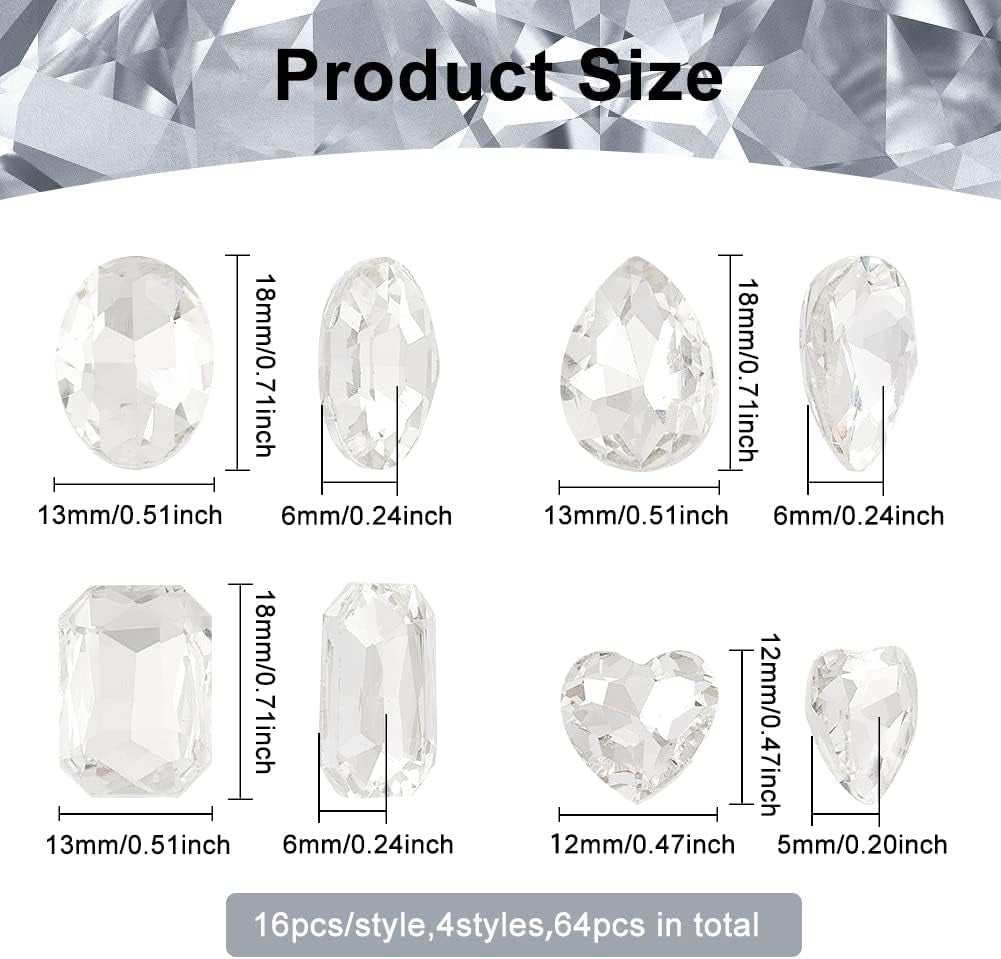 64 Pcs 4 Shapes Pointed Back Rhinestone Glass Rhinestones Gems Clear Rectangle/Teardrop/Heart/Oval Crystal Jewels Embelishments with Silver Plated Back for DIY Craft Jewelry Making