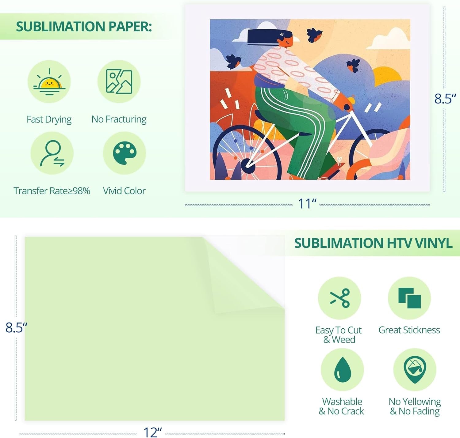 20 Sheets Sublimation Clear HTV Vinyl Sets -10 Sheets Glossy Sublimation Vinyl 8.5" X 12" + 10 Sheets Sublimation Paper 8.5" X 11",Suit for Light Colored Cotton Fabrics