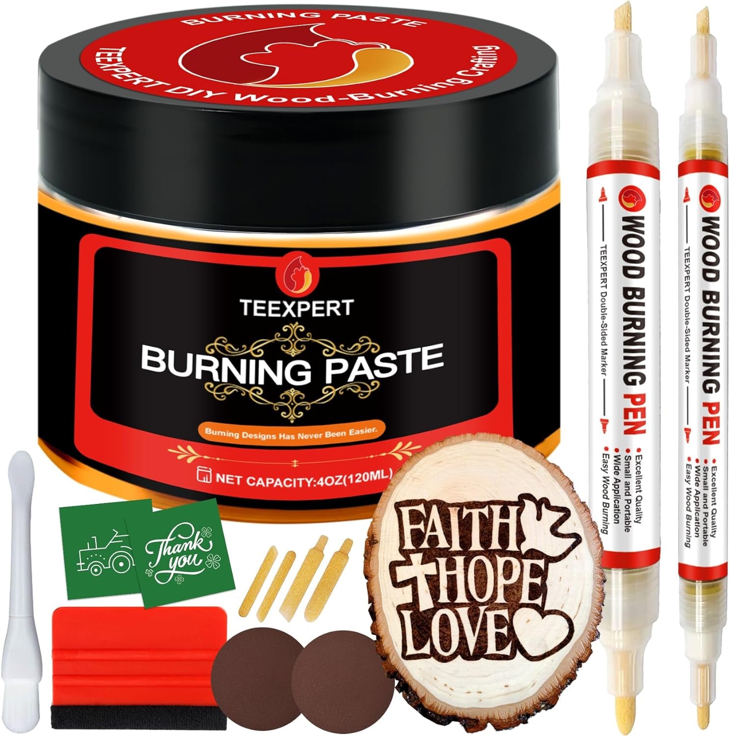 Wood Burning Gel Pen Kit,4 OZ Wood Burning Paste,2 Scorch Pens Double-Sided, 4 Tips, Squeegee, Sandpaper for DIY Heat Sensitive Wood Burning Marker for Wood Crafts Suitable Artists Beginners