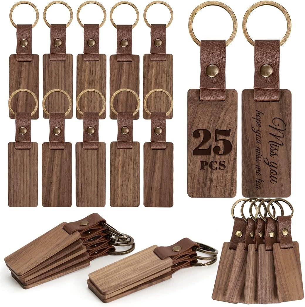 25 Pieces Leather Wood Keychain Blank, Wooden Keychain Blanks with Leather Strap, Unfinished Wooden Keychains for Laser Engraving, DIY Various Key Tags, Wood Crafts Gift