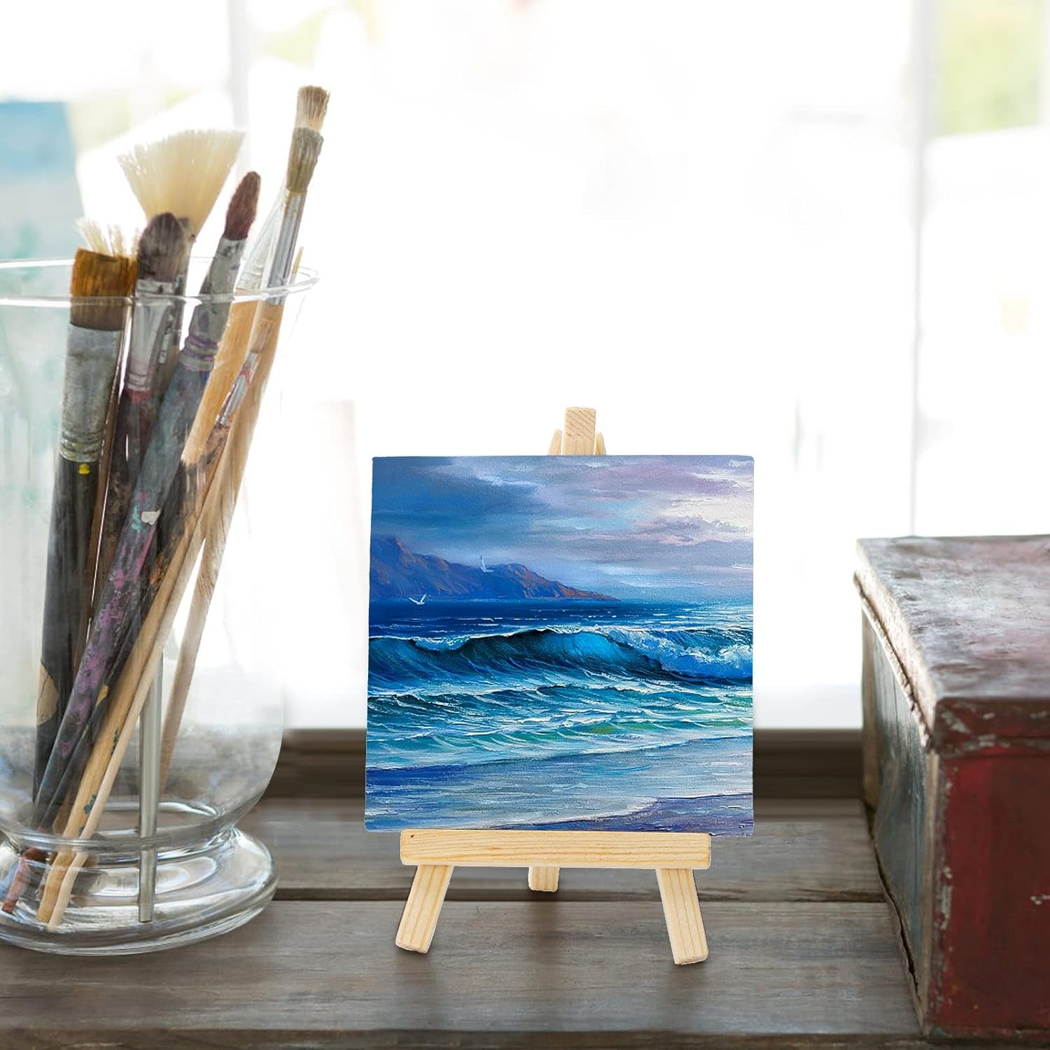 24 Pack 4" X 4" Mini Canvas and Easel Set, Small Art Easel Stand with Canvas Set, Tabletop Wooden Display Stand and Canvas Panels for Artist, Students, Adults, Kids Painting