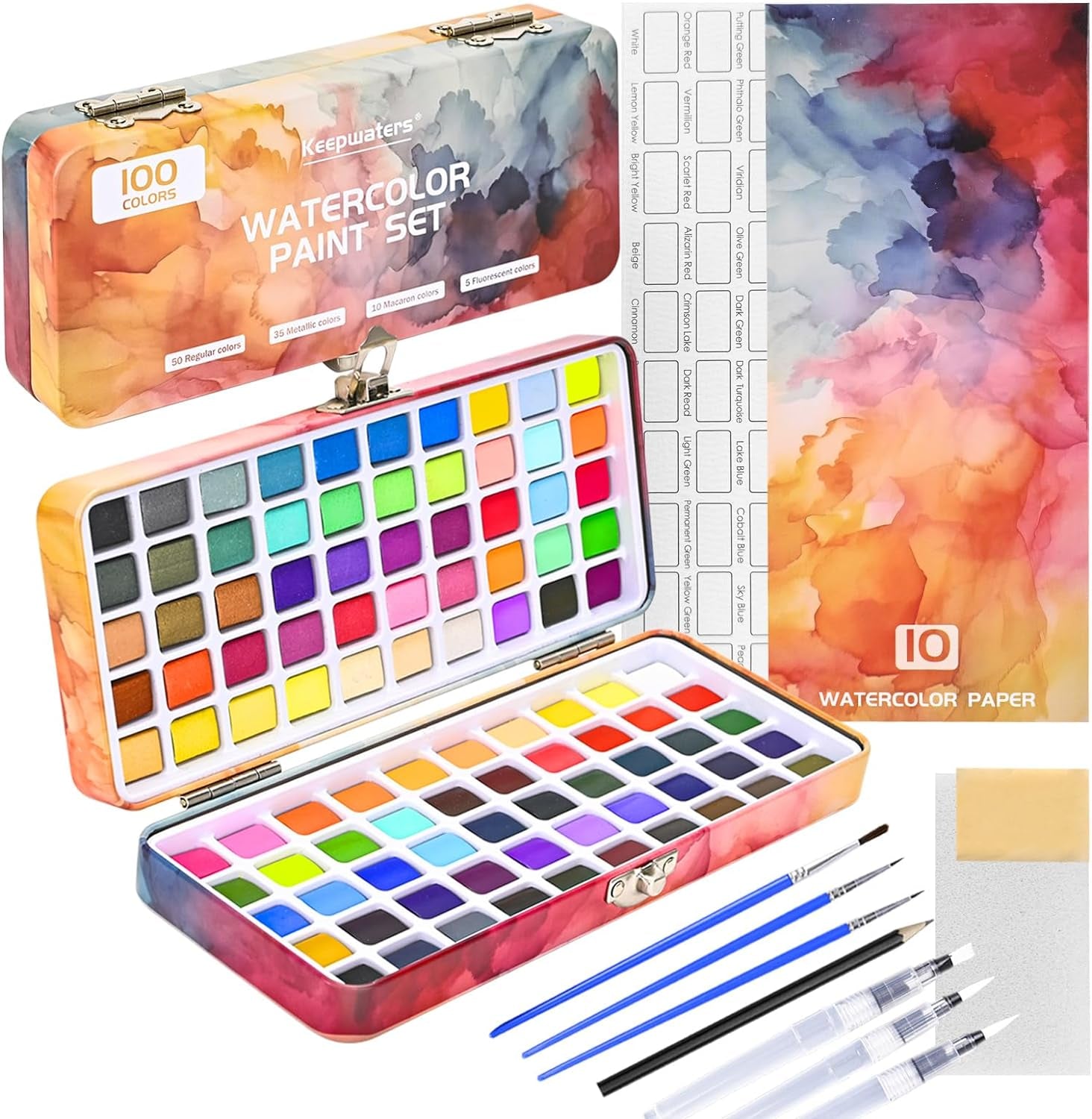 Watercolor Paint Set, 100 Water Color Pallet Adult, Travel Watercolor Palette Set with Regular, Macaron, Metallic & Fluorescent Colors - Art Supply Kit for Kids, Adults, Beginners, Artists