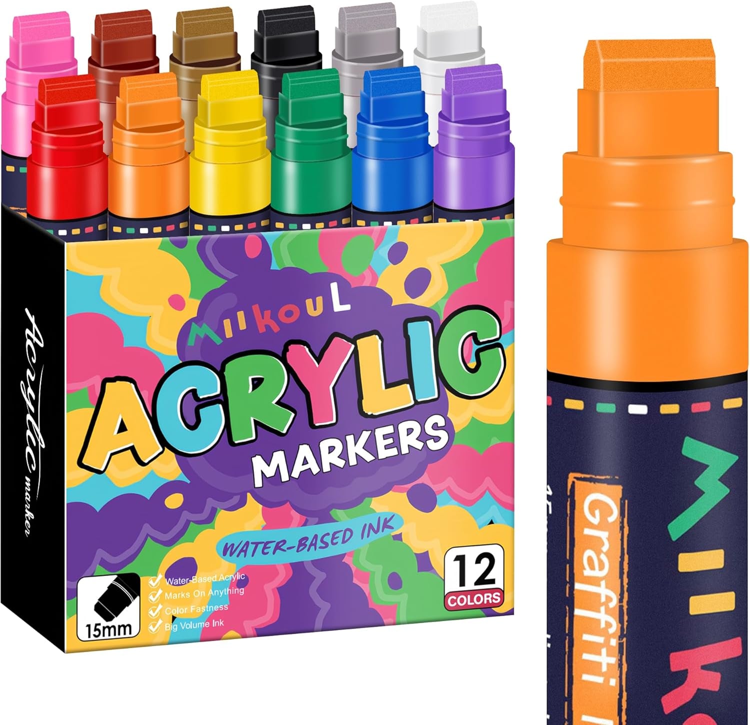 12 Colors Jumbo Graffiti Markers, Large 15Mm Felt Tip Waterproof Permanent Acrylic Paint Pens Colored Markers for Rock Painting, Wood, Canvas, Glass, Plastic, Ceramics, Fabric and Outdoor Paintings