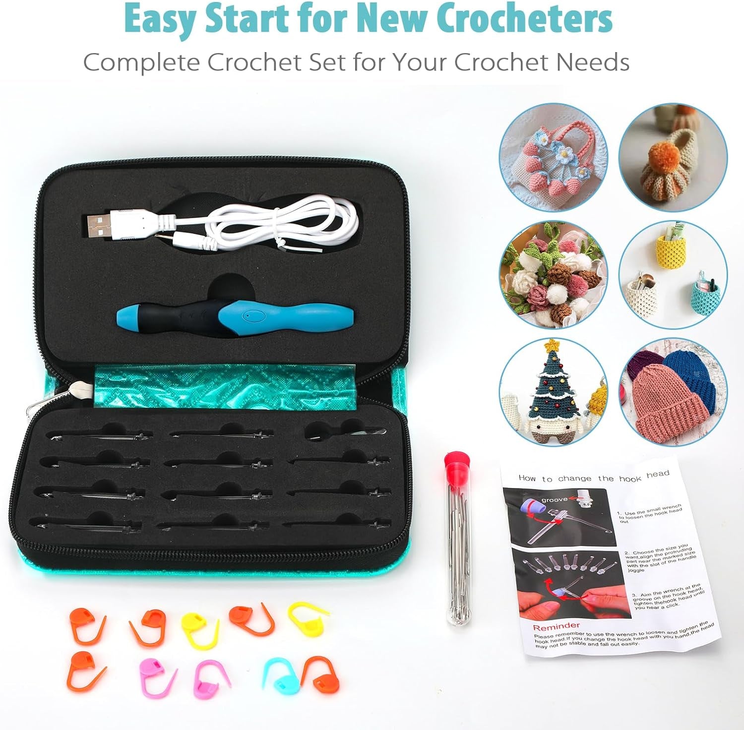 Light up Crochet Hooks - Crochet Kit for Beginners, Ergonomic Soft Grip, Rechargeable Light, 11 Interchangeable Heads - Ideal Crochet Set for Crocheting Yarn, Arthritic Hands, Crafting Delight