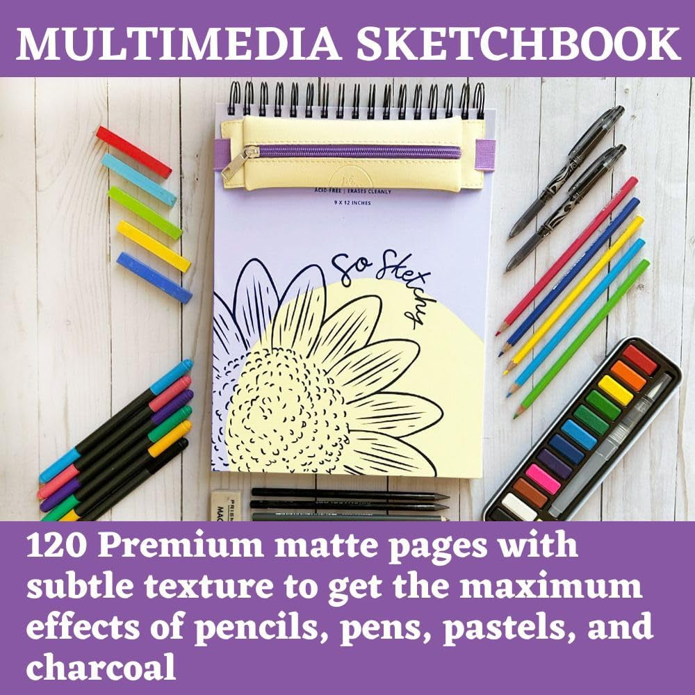Sketch Pad Art Set - Premium 9X12 Sketchpad/Art Journal, Pouch for Art Supplies, & Cute Cuff - Sketch Book for Kids, Teens, Adults