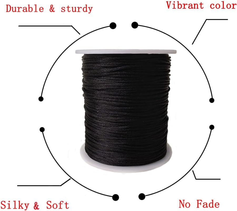 1.5 Mm X 110 Yards Nylon Satin Cord Beading Braided Thread String for Chinese Knotting Rattail Macrame Pendant Friendship Bracelets Necklaces Jewelry Making (Black)