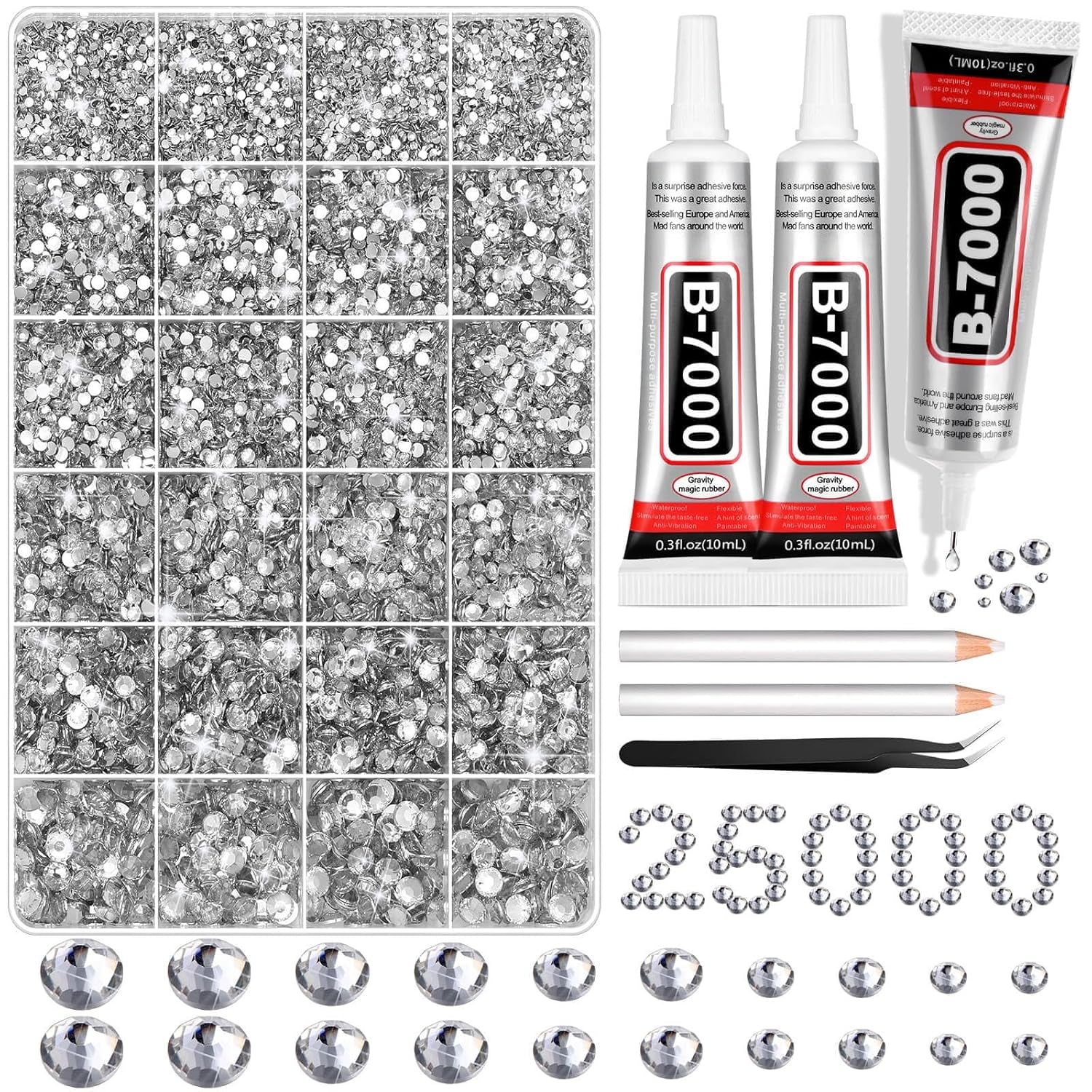 25000Pcs Silver Clear Rhinestones with B7000 Rhinestones Glue for Crafts, Flatback Gems Crystal Rhinestones Kit with Tweezer Picker Pens for Clothes Fabric Shoes, Tumblers,Jewelry Making