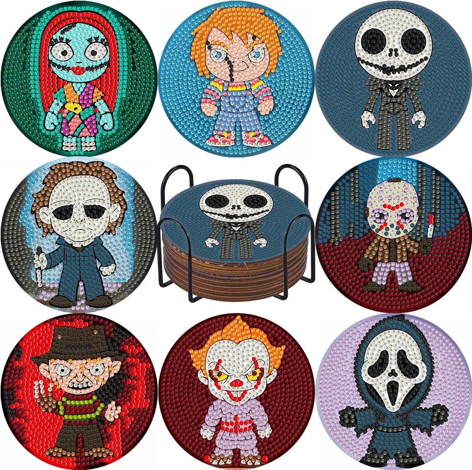8Pcs Diamond Painting Coasters with Holder,Diy Halloween Life Coaster Diamond Art Kits for Adults Kids,Beginners round Full Drill Diamond Art Craft Supplies