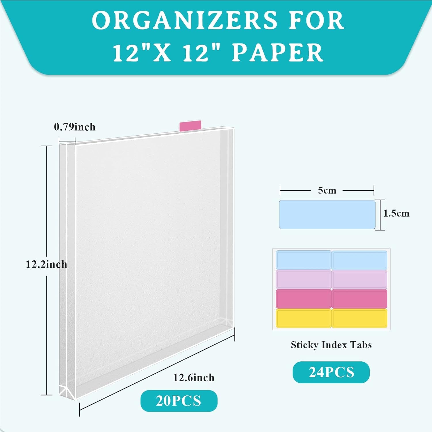 20 Pieces Scrapbook Paper Storage Clear 12 X 12 Paper Storage Organizer with Tabs and Gusset Bottom for Holding Scrapbook Paper, Vinyl Paper, Paper, Cardstock